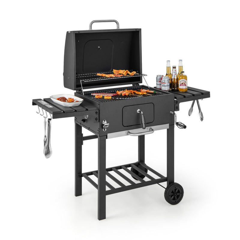 Portable BBQ Grill - Charcoal Barbecue with Side Tables & Wheels