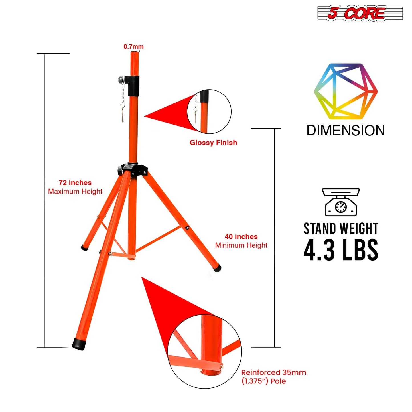 5Core Speaker Stand Tripod Tall Adjustable 72 Inch DJ Studio Monitor