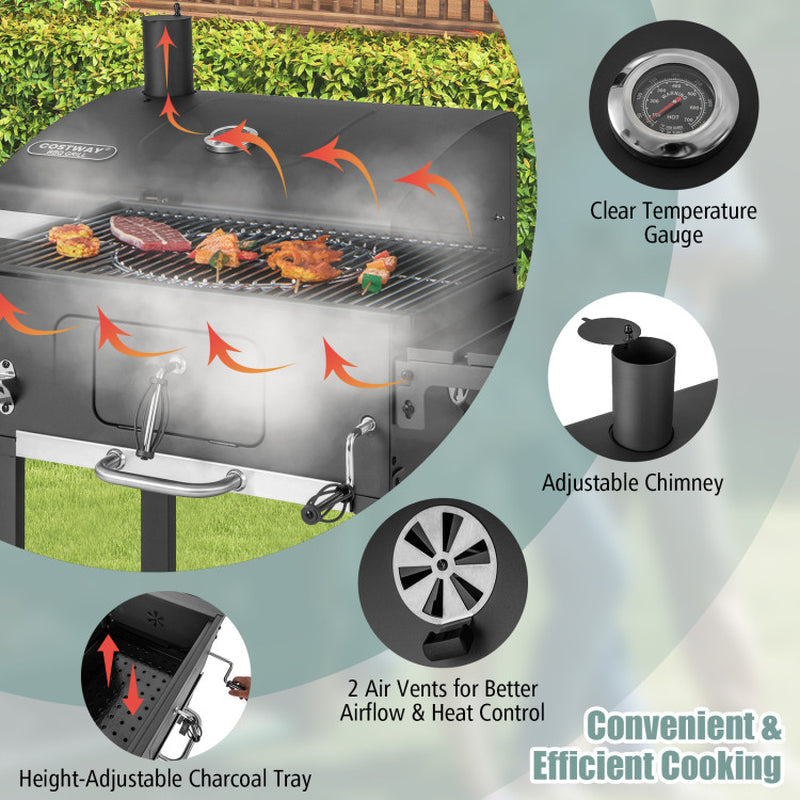 Portable BBQ Grill - Charcoal Barbecue with Side Tables & Wheels