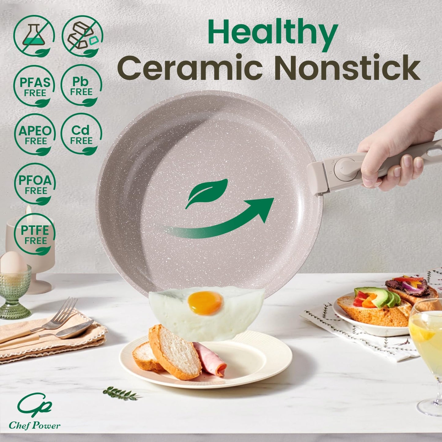 Ceramic Cookware Set Non Toxic with Detachable Handles, Healthy Nonstick Pans and Pots Set 19 Pcs, Induction Dishwasher Oven Safe Kitchen Set, PFAS PFOA & PTFE Free, Cream White