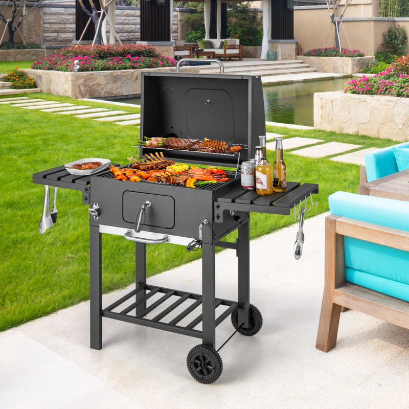 Portable BBQ Grill - Charcoal Barbecue with Side Tables & Wheels