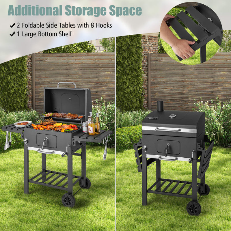 Portable BBQ Grill - Charcoal Barbecue with Side Tables & Wheels