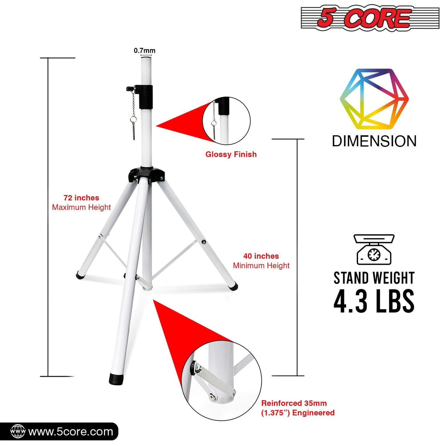 5Core Speaker Stand Tripod Tall Adjustable 72 Inch DJ Studio Monitor