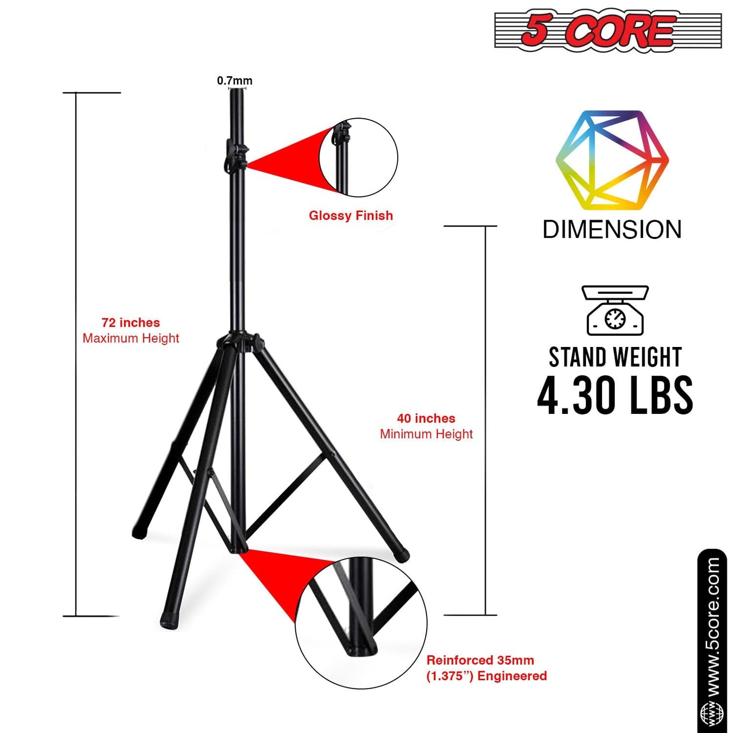 5Core Speaker Stand Tripod Tall Adjustable 72 Inch DJ Studio Monitor