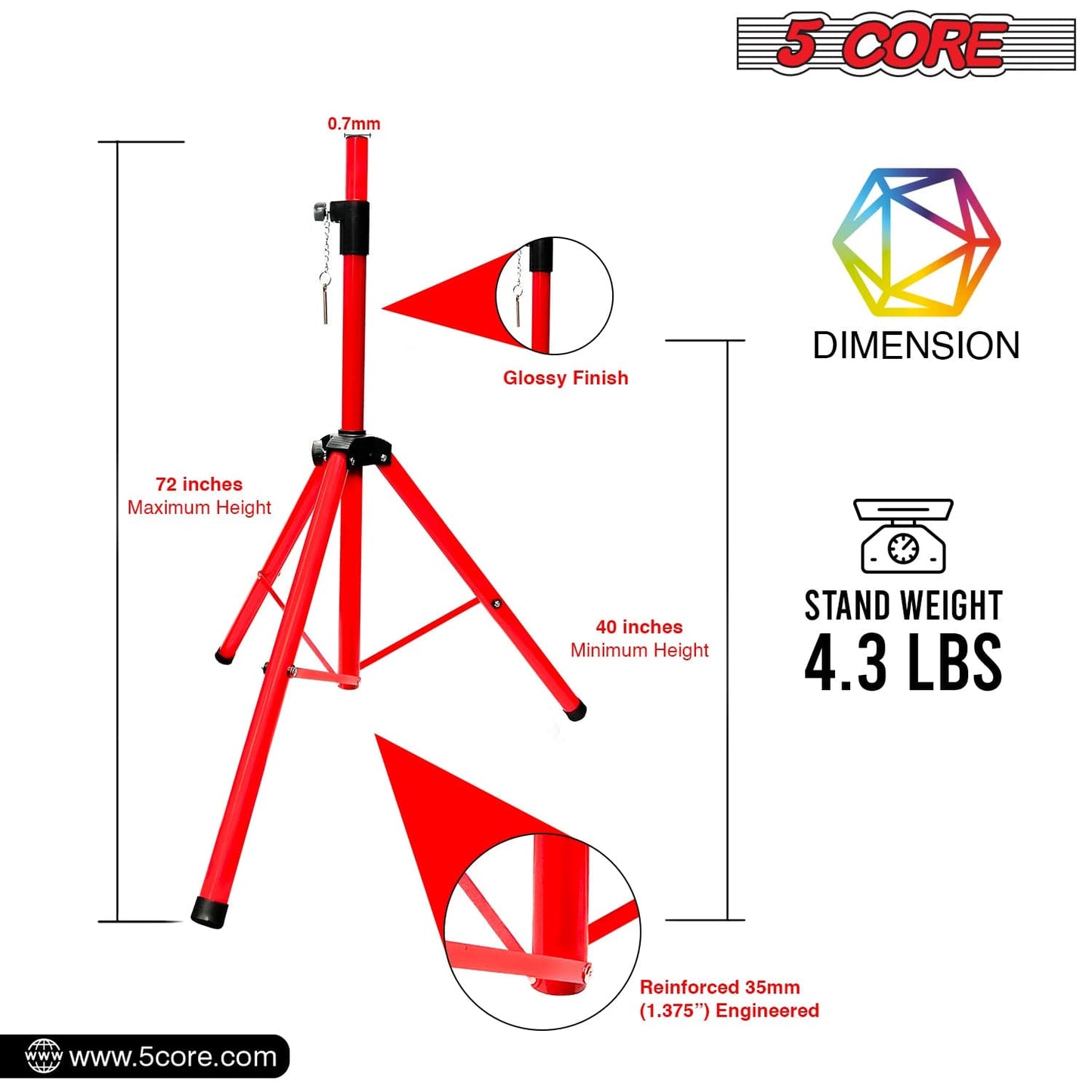 5Core Speaker Stand Tripod Tall Adjustable 72 Inch DJ Studio Monitor