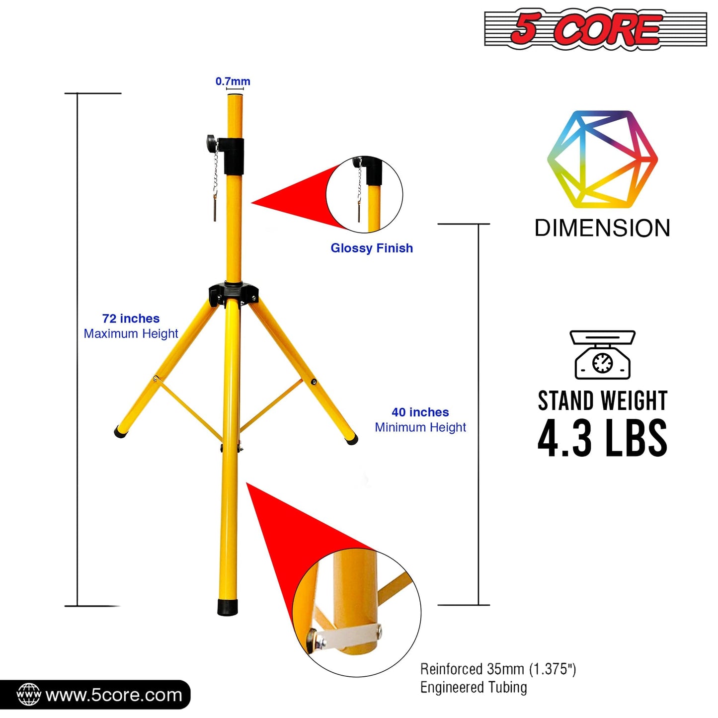 5Core Speaker Stand Tripod Tall Adjustable 72 Inch DJ Studio Monitor