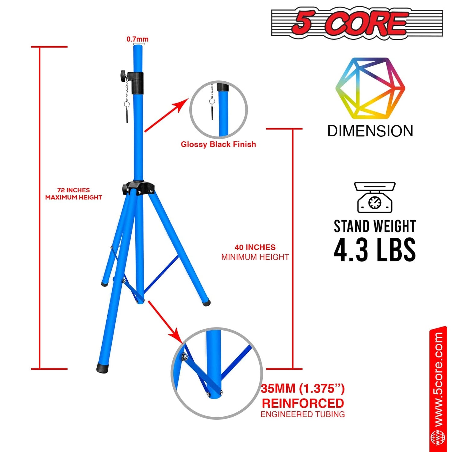 5Core Speaker Stand Tripod Tall Adjustable 72 Inch DJ Studio Monitor