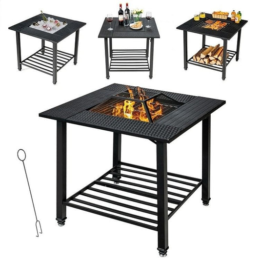 4 in 1 Square Fire Pit, Grill Cooking BBQ Grate, Ice Bucket, Dining