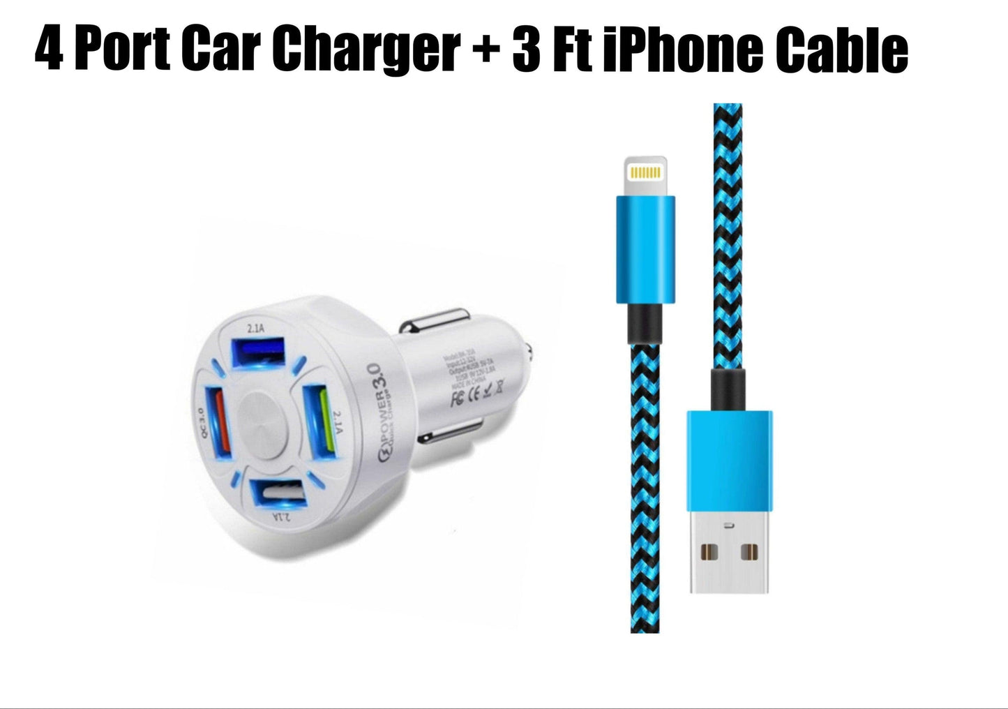 4-Port Car Charger Set - LED USB Hub & iPhone Cable