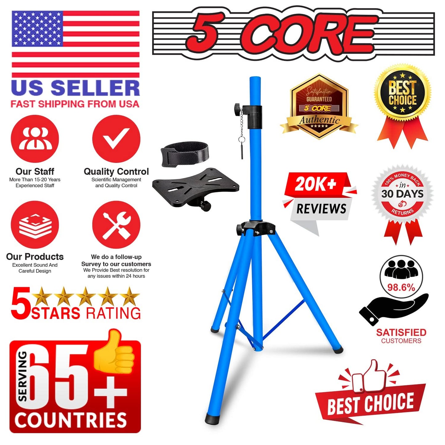 5Core Speaker Stand Tripod Tall Adjustable 72 Inch DJ Studio Monitor