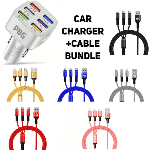 6-Port Car Charger with LED - Fast Charging 3-in-1 Cable | 4FT Universal Adapter