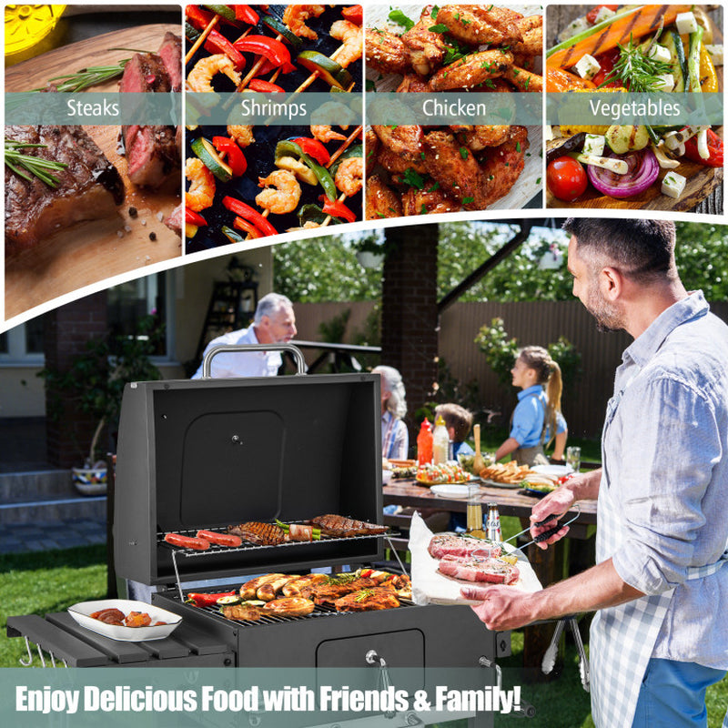 Portable BBQ Grill - Charcoal Barbecue with Side Tables & Wheels