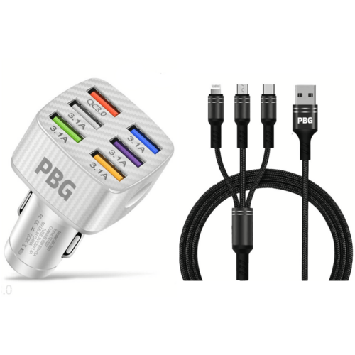 6-Port Car Charger with LED - Fast Charging 3-in-1 Cable | 4FT Universal Adapter