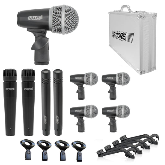 9-Piece Professional Drum Microphone Kit - Bass, Tom & Snare | 5Core Dynamic Mics