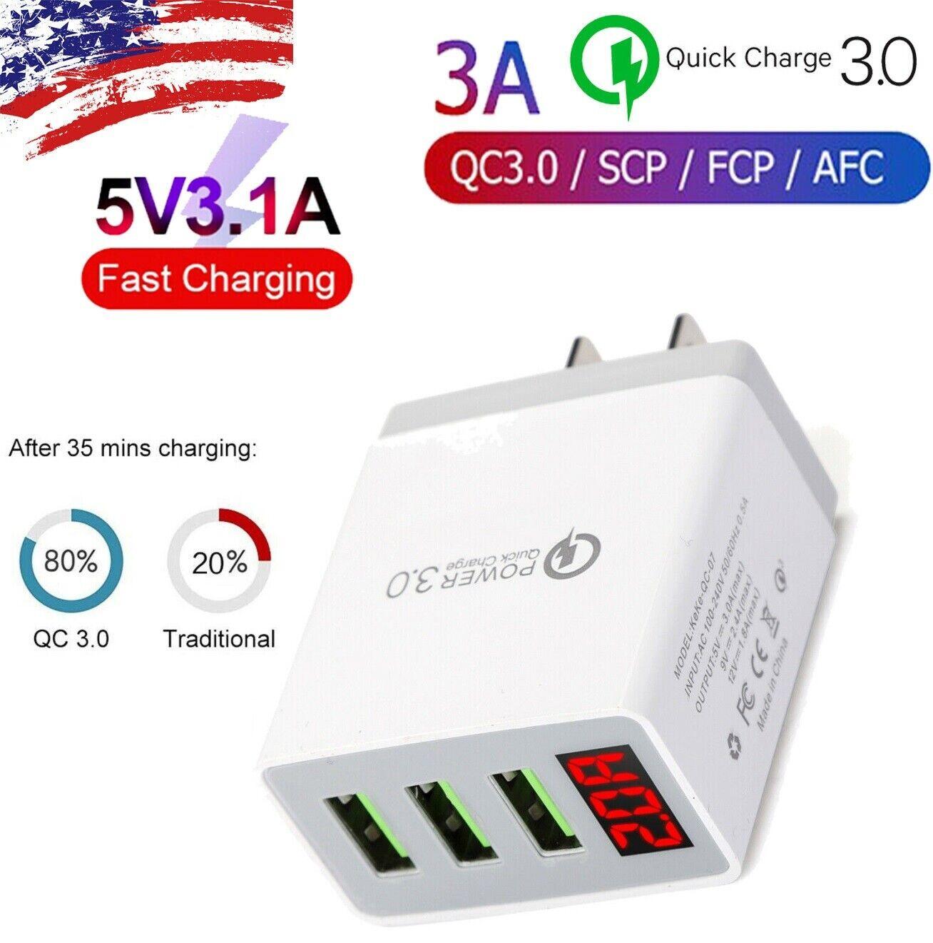 3 Port LED Fast Quick Charge QC 3.0 USB Hub Display Wall Charger