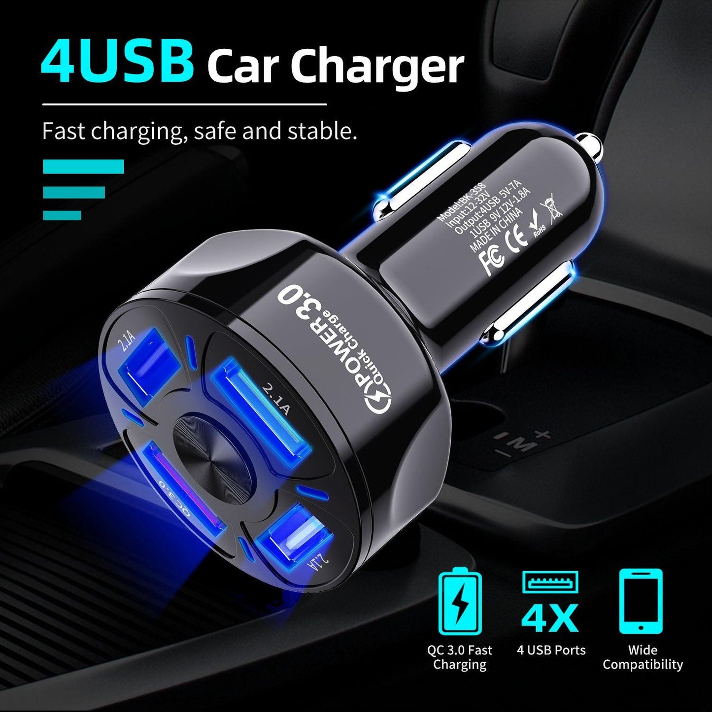 PBG LED 4 Port Rapid Car Charger - Charges 4 Devices at once!